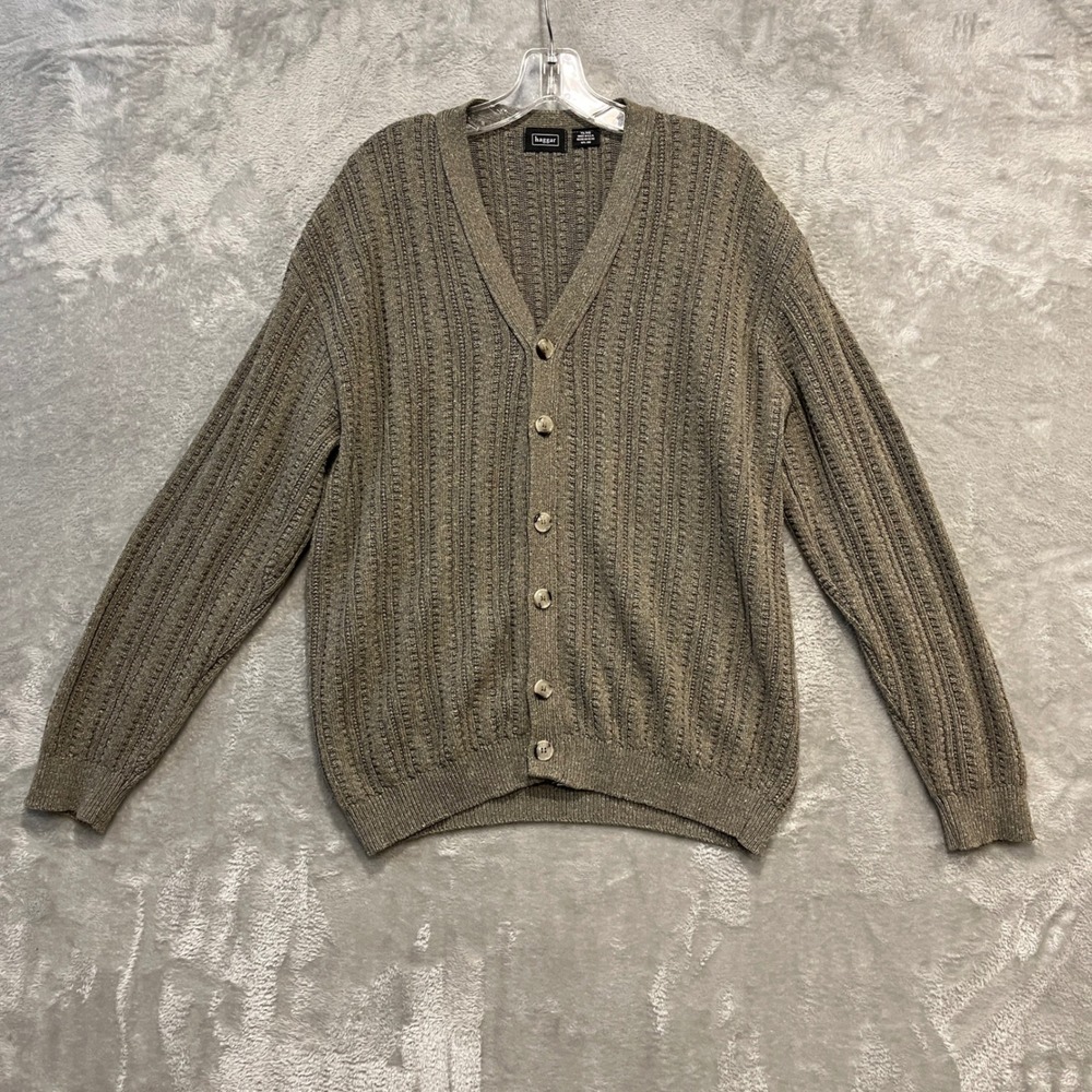 Haggar Cardigan Sweater Mens XL Green Cable Knit Button Front V-Neck Grandpa